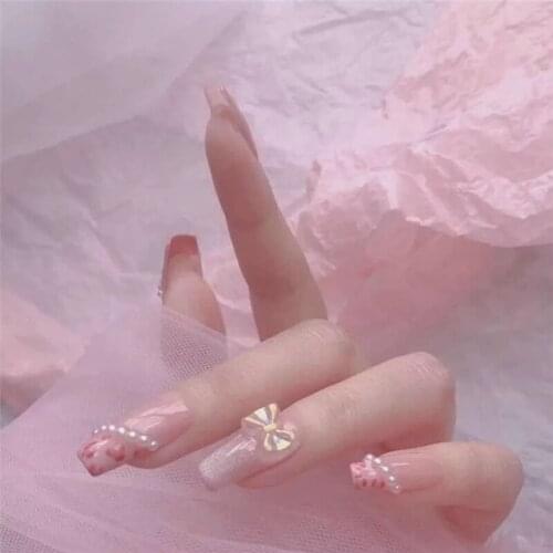 24pcs Pink Leopard Pearl Inlay Fake Nails Glue Type Removable Long Fashion Manicure DIY Nail Art Decoration For Manicures NN