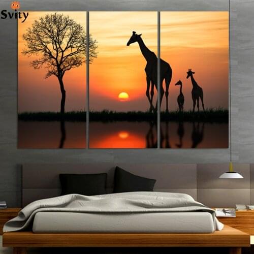 3panel Free shipping Original Animal giraffe painting pictures print on the canvas Art wall decor Home Modular picture no frame