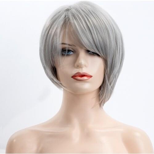 Amir Short Straight Wig White Bob Wig with Bangs One Side Long for White Black Women Girls Cosplay Party Daily Use