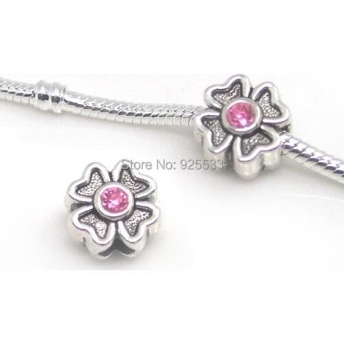 Free Shipping 25pcs antique crystal pink rhinestone four leaves shape big hole beads for European bracelet DIY