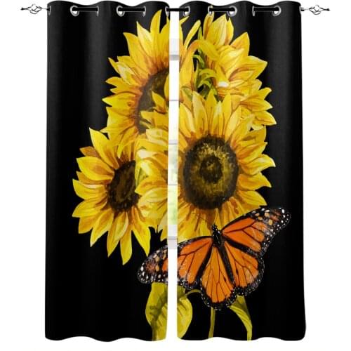Sunflower Butterfly Illustration Black Blackout Curtains For Bedroom Blinds Drapes Window Curtains For Living Room High Shading