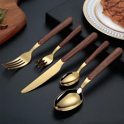 Wooden Handle Stainless Steel Cutlery Set Table Knife Dessert Fork Teaspoon Coffee Stirring Spoon Tableware for Kitchen