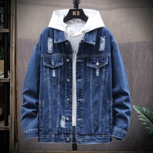 Blue Denim Jacket Mens Slim Fit Casual Streetwear Holes Jean Jackets Long Sleeve Outerwear Autumn Spring Black Top Coat For Men