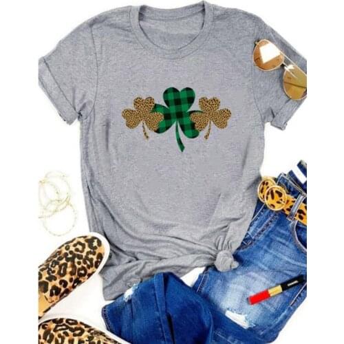 St Patricks day T-shirt Leopard Print clover Shirts green Trellis clover shirt women fashion grunge aesthetic 100%cotton tees