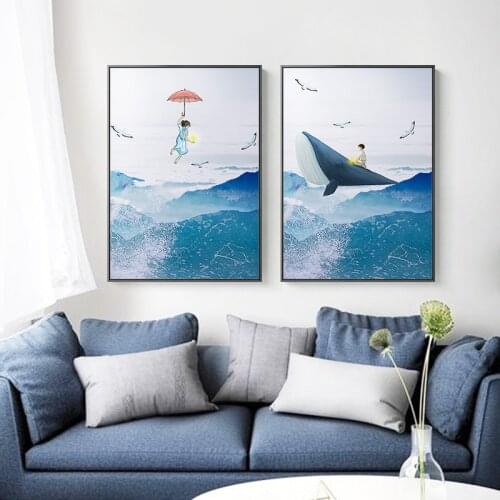 Animal And Figure Painting Whale Children Canvas Posters And Prints Nordic Blue Seascape Wall Art Decor Room Pictures Baby Decor
