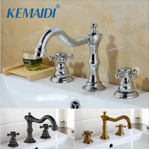 KEMAIDI Antique Brass Finished Bathroom & Kitchen Basin Mixer Tap Sink Faucet Double Handles 3 pcs Bathroom Basin Faucet