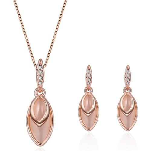 FYJS Unique Rose Gold Color Marquise Shape Pendant Necklace Drop Earrings Pink Cat Eye Stone Jewelry Sets
