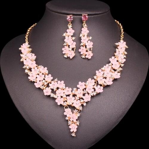 Cute Pink Resin Flower Boho Necklace Sets Earrings Fashion Rhinestone Bohemia Style Bridal Wedding Jewelry Set Gifts for Women