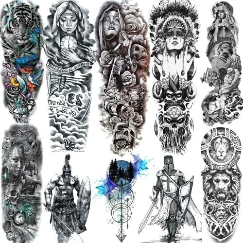 Creative Nuns Temporary Tattoos Sleeve For Women Men Fake Black Tatoos Sticker Full Arm 3D Tiger Maori Lion Warrior Tatoos Decal