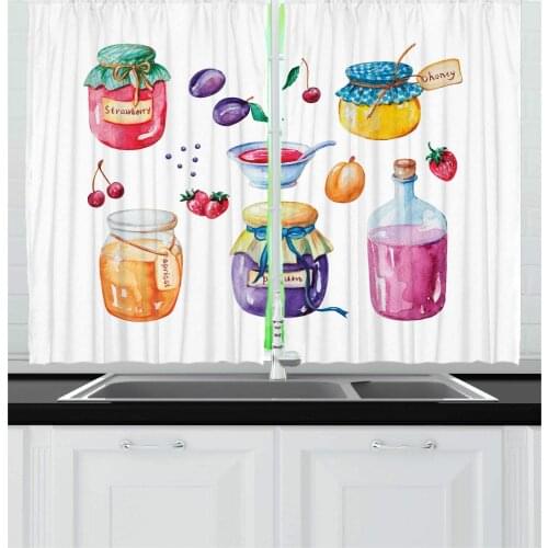 Jam Kitchen Curtains Colorful Hand Painted Doodle Berries and Fruits Marmalade for Kitchen Cafe Decor