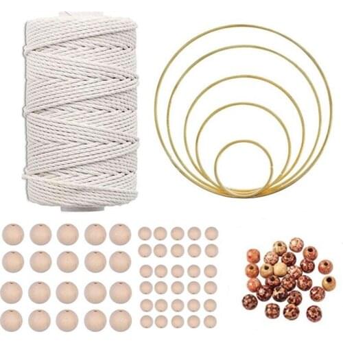 Macrame Cord Natural Cotton Rope 3mm with Macrame Ring Wooden Bead for DIY Teether Macrame Kit Wall Hanging Plant Hanger