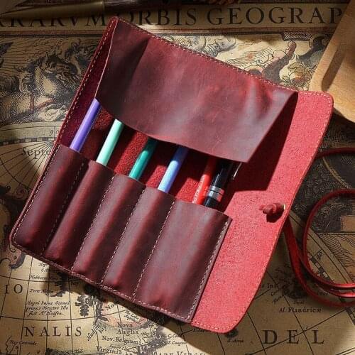 Retro First Layer Cowhide Leather Cowhide Multi-functional Large Capacity Stationery Pen Case