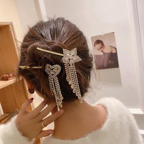 Fashion Rhinestone Hairpin Metal Love Heart Five-pointed Star Clip Temperament Cold Wind Fringed Korean Hair Accessories