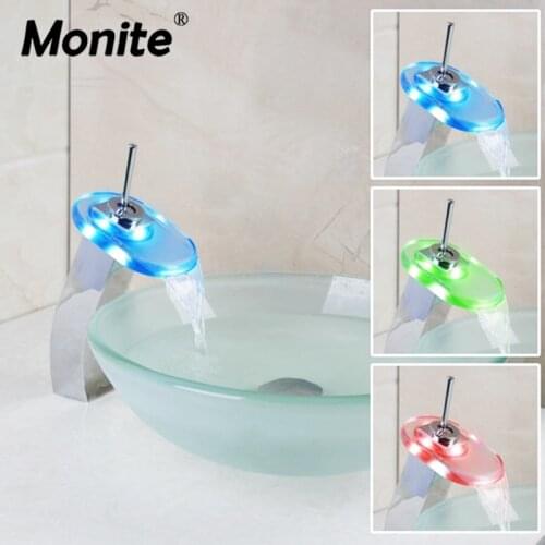 Monite LED Light Waterfall Basin Tap Bathroom Sink Washbasin Glass Hand-Painted Lavatory Combine Brass Set Faucet Mixer Tap