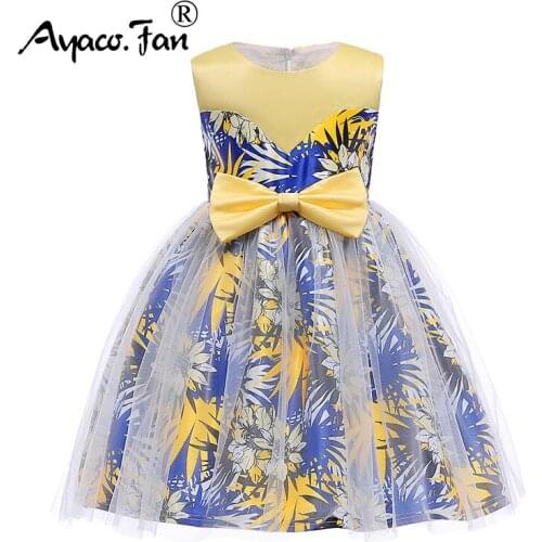 New Ball Gown Dresses 2019 Baby Girls O-Neck Bow Floral Print Summer Dress with Voile for Kids Wedding Party Princess Dress