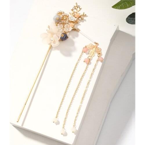 New Traditional Chinese Hanfu Dress Hairpins Hair Combs Earring Jewelry Sets Gold Color Long Tassels Crystal Pearls Headpieces
