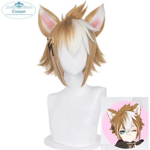 Game Genshin Impact Gorou Short Brown White Wig with Ears Synthetic Hair Wig Gorou Halloween Party Carnival Role Play Wig