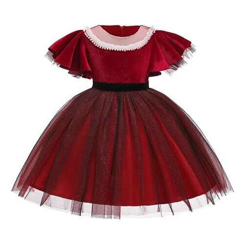 Baby Girls Party Costume Red Demitoilet with Pearl Necklace Shining Gauzy for Feast Piano Competition Violin Concert 4-10 Years