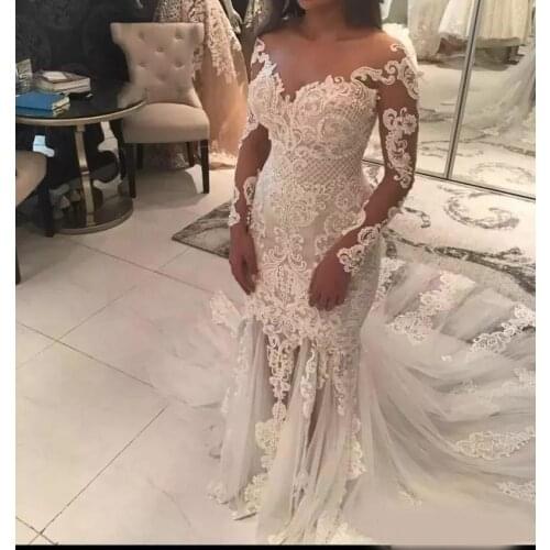 Sexy Mermaid Lace Wedding Dresses For Women 2021 Appliques Illusion Long Sleeves Bridal Gowns Tulle Long Train Custom Made