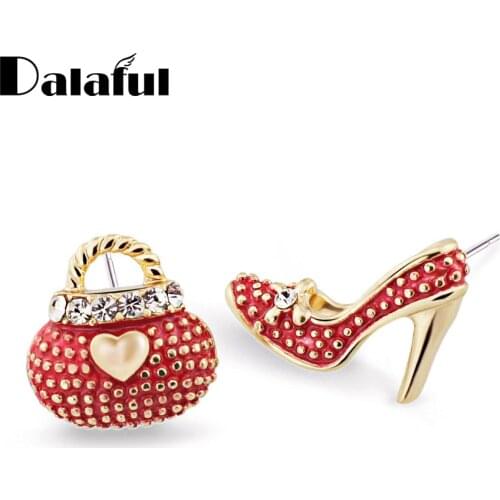 Asymmetric High Heel Shoe Bag Stud Earrings for Women Crystal Lady Girls Earrings 3 Colors Fasion JewelleryE439 New