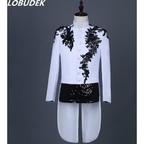 Plus Size Formal Men Embroidery Swallowtail Stand Collar Chinese Style Slim Tailcoat Singer Chorus Host Costume White/Red/Black