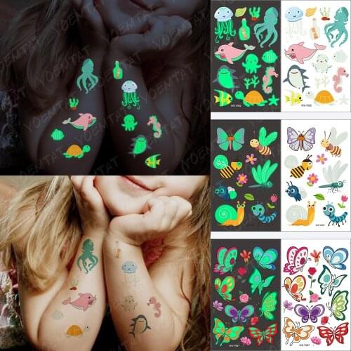 Luminous Waterproof Temporary Tattoo Sticker Octopus Whale Dolphin Ocean Cute Animal Glowing Tatoo Child Arm Fake Tatto Children