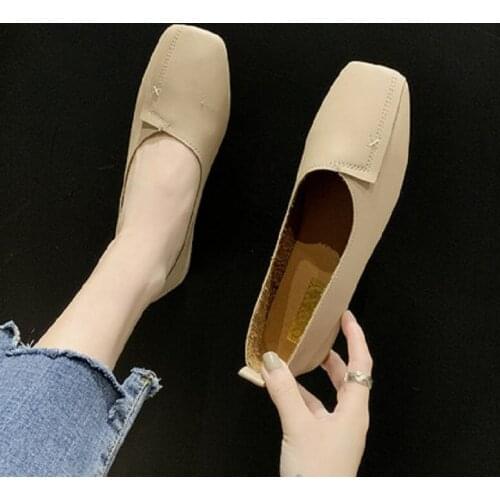 Single shoes womens flat bottom 2020 autumn womens square toe retro shallow mouth flat shoes women sewing grandma shoes