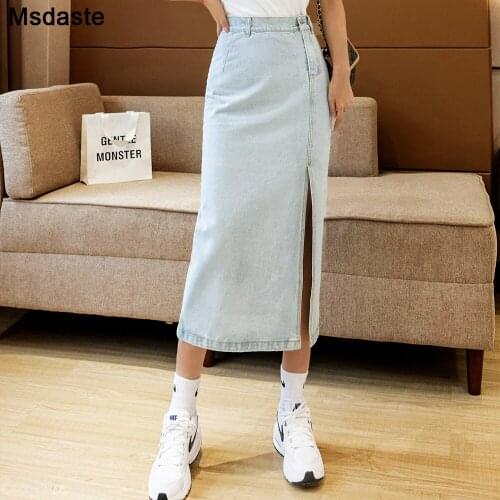 Jeans Skirts Women Casual A-line High Waist Mid-calf Faldas Lady Bodycon Skirts Mujer Moda Sexy Woman Slip Pencil Denim Skirts