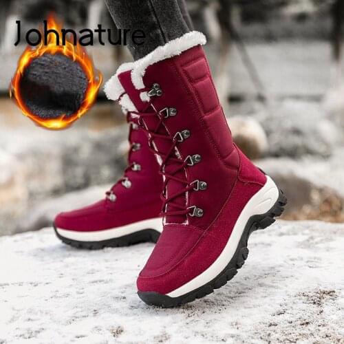 Johnature Winter Snow Boots Women Shoes 2021 New Plush Warm Lace-up Waterproof Non-slip Concise Sewing Outdoor Platform Boots
