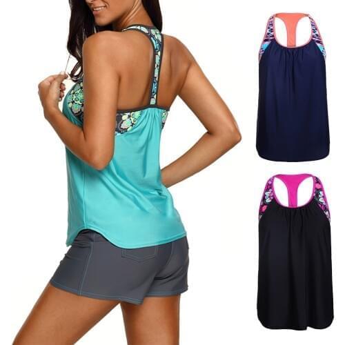 Women Lady Modest Tank Top Swimwear Floral T Back Strap Vest Tankini Tops Bathing Suit Sport Beachwear