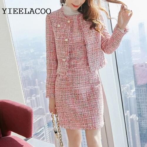 Pink tweed jacket + sleeveless dress suit sequined fabric Spring /Autumn womens jacket ladies 2 piece Elegant Professional Set