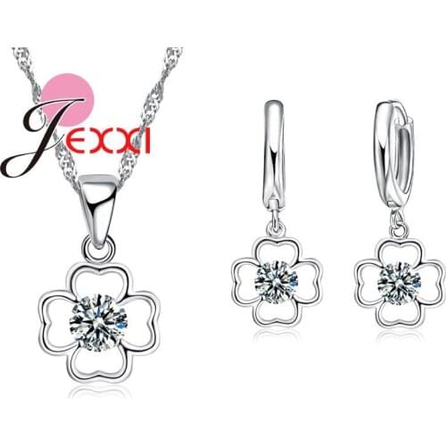 Fashion Crystal Jewelry Set With Flower Shape CZ Crystal Pendant Necklace+Drop Earrings+ Chains Sets For Women Bride