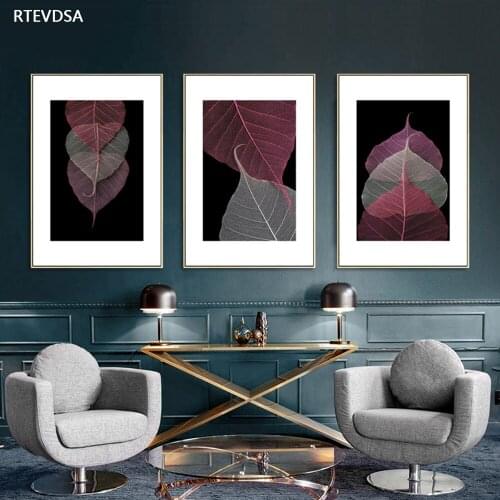 Golden red leaf plant Nordic marble oil painting posters and murals, suitable for modern living room home art decoration