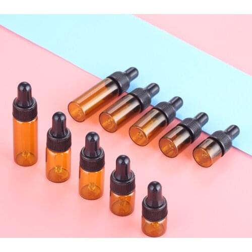 10pcs Perfume Essential Oil Empty Dispenser Bottles Tool 1ml/2ml/3ml/4ml/5ml Amber Glass Liquid Reagent Pipette Dropper Bottle