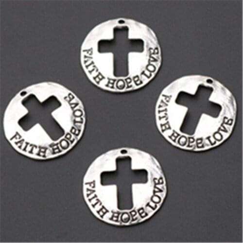 8pcs Silver Plated FAITH HOPE LOVE Tag Hollow Crosses Charm Bracelet Necklace DIY Jewelry Alloy Pendants 23mm A979