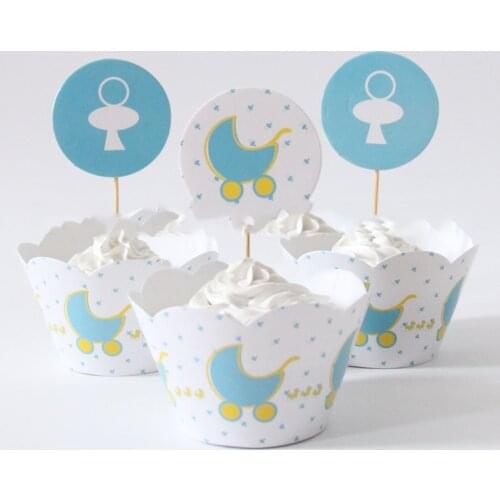 12PCS/Pack Boys Baby Shower Party Baby Carriage Theme Cup Cake Toppers Cute Wrappers Decorate Happy Birthday Supplies