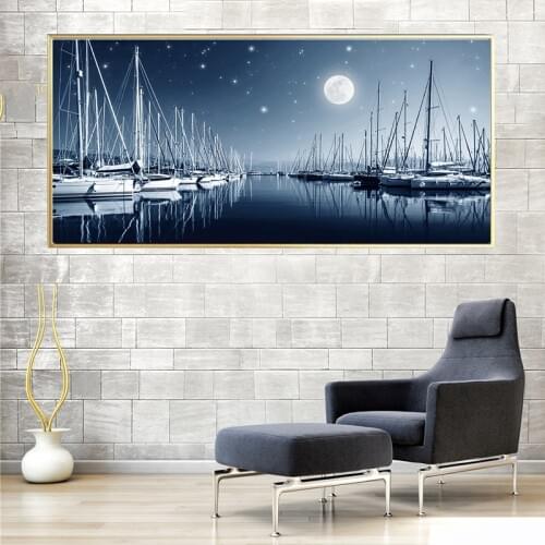 Nordic Abstract Sea Boat Moon Night Landscape Blue and Black Wall Art Canvas Painting Poster Print Wall Picture for Living Room