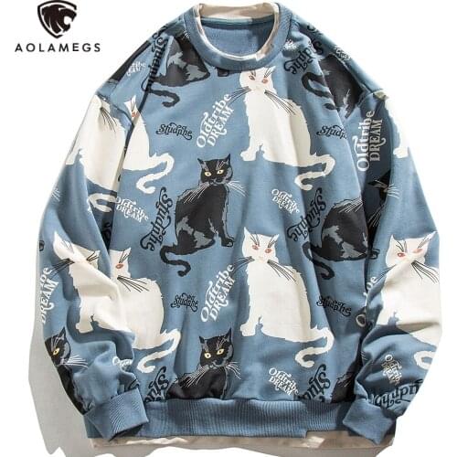 Aolamegs Sweatshirt Men Hit Color Cat Print Fake 2 Pieces Pullover Couple Harajuku Casual High Street Fashion Streetwear Autumn