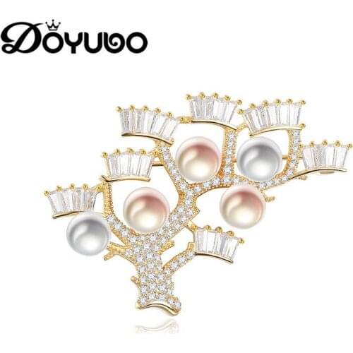 DOYUBO Brand Luxury Silver Brooch Jewelry 925 Sterling Silver CZ Crotch Freshwater Peal Brooch Jewelry Wedding Accessories VH006