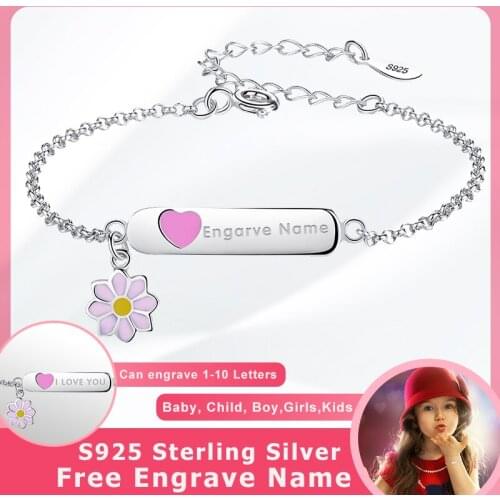 ELESHE 925 Sterling Silver Personalized Bracelet Initial Engraved Name Bracelet For Girls Kids Adjustable Jewelry Gift