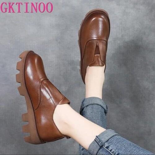 GKTINOO Women Genuine Leather Wedges Shoes Spring New British Style Retro Handmade Round Toe Slip on Platform Casual Shoes Woman