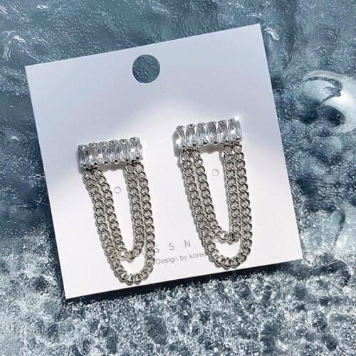 Korean Fashion Crystal Zircon Temperament Jewelry Drop Earrings For Women Simple Silver Color Tassel Chain Pendant Earring femme