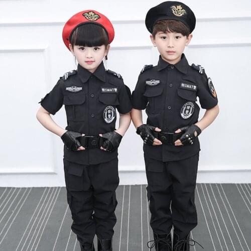 Halloween Carnival Children Police Costumes Uniform Black Toddler Kids Boys Policemen Cosplay Birthday Gift with Cap