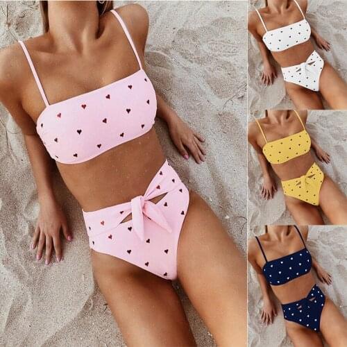 Summer Fashion Women Padded Bra Swimwear Beachwear Swimsuit Set Heart Printed Push-up Strappy High Waist Bikini Sets