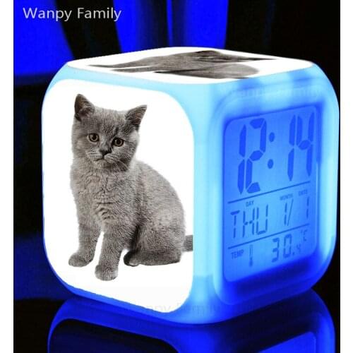 Cute Pet Cats Alarm Clock LED 7 Color Luminous Digital Alarm Clock For Kids Christmas Gift Color Changing Touch Light Clocks