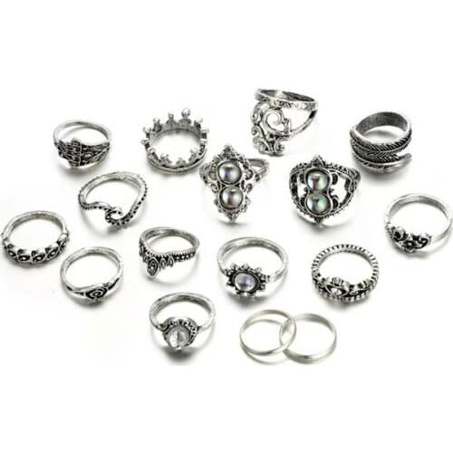 MISANANRYNE Women Bohemian Vintage Crown Wave Flower Heart Leaf Crystal Ring Party Ring Set