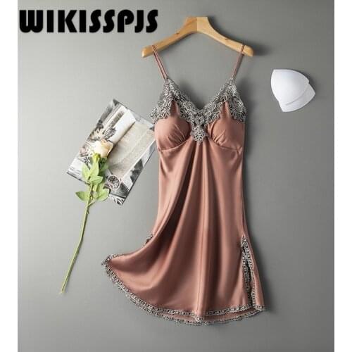2021 Summer New Sling Sexy Bra Satin Chiffon Thin Nightdress Sleepwear Women Above Knee, Mini Lace Sleepwear