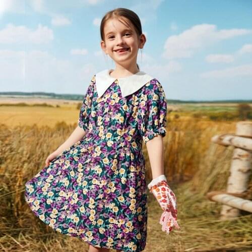 Girl Print Dress Peter Pan Collar 2021 Summer Girl Dress Puff Sleeve Birthday Party Dress 5 -14 Year Girls Dresses Vestido 127