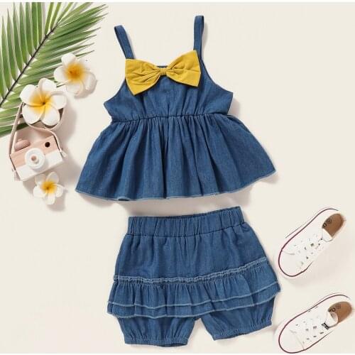 Baby Girls Layer Ruffled Top Short 2Pcs Sets Outfits Contrast Bow-knot Summer Sleeveless New Newborn Bady Lovely Bodysuits D30