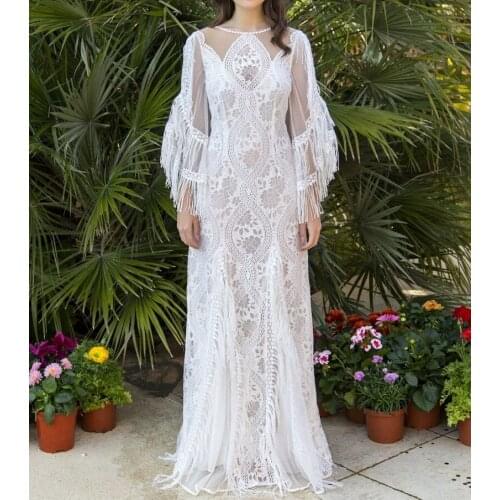 O-Neck Tassel Long Sleeve Bridal Dress Floor Length Lace Open Back Bohemian Boho Beach Wedding Dress Wedding Gown Bridal Gown